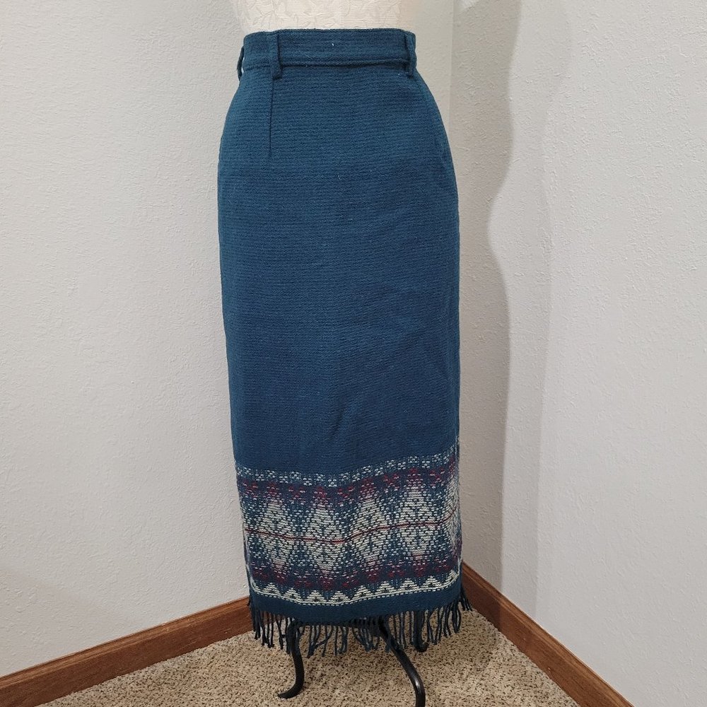 Vintage Woolrich Southwestern Fringe midi skirt size 12 teal tribal